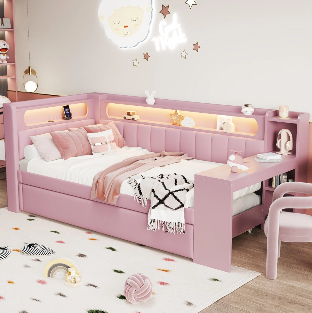 Letto imbottito 90x200 con LED, USB, letto estraibile e scrivania rosa