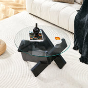 Tavolino da caffè rotondo in MDF e vetro 79 cm, nero e trasparente, con base a croce