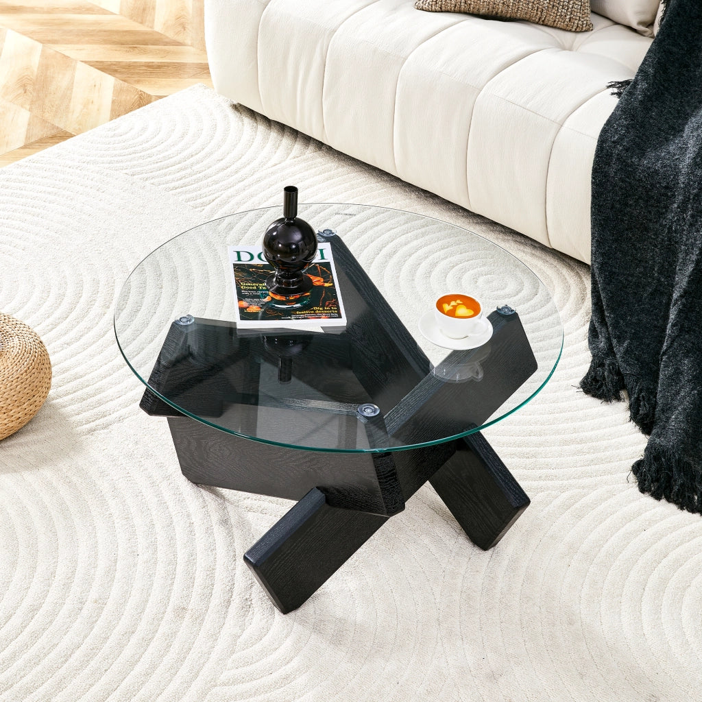 Tavolino da caffè rotondo in MDF e vetro 79 cm, nero e trasparente, con base a croce