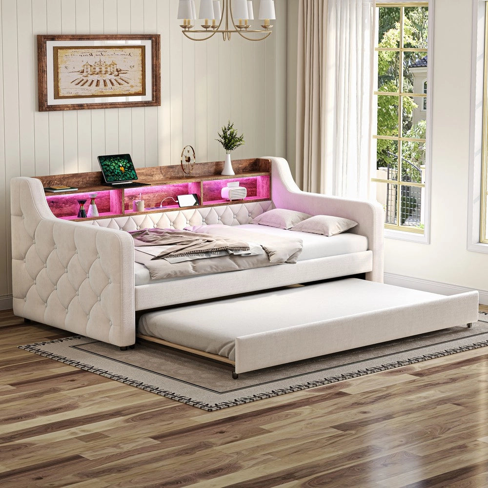 Divano Letto 90x190 in Velluto con Contenitore, LED e Struttura Metallo ¨C Xylo ¨C Beige