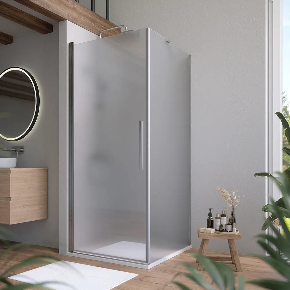 Box doccia 80x90cm con apertura a battente e parete fissa, profili cromati e vetro da 6mm opaco h195 | Elba