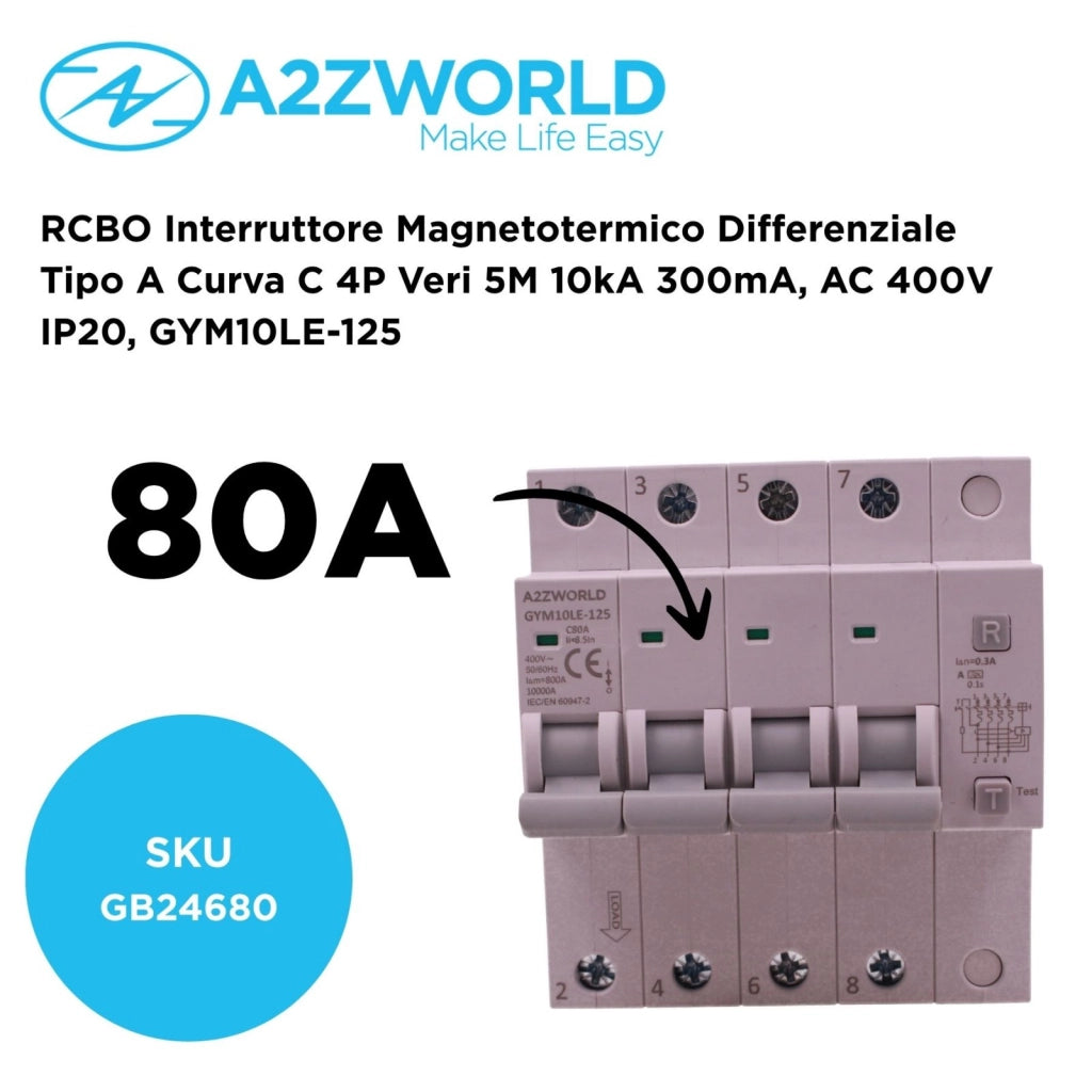 RCBO Interruttore Magnetotermico Differenziale Tipo A Curva C 4P Veri 5M 10kA 300mA, AC 400V IP20 GYM10LE-125, Disponibili 63A 80A 100A (C80A)