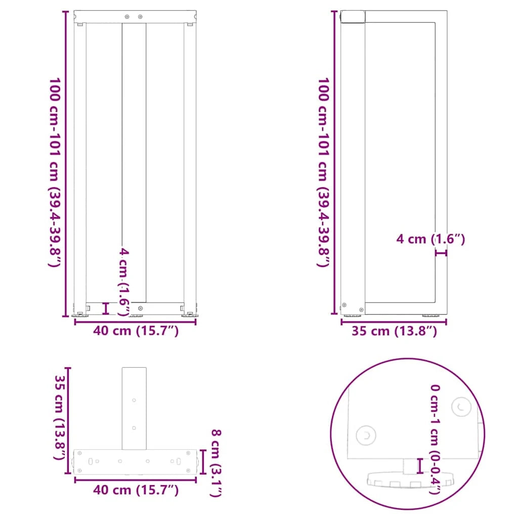Set di 2 gambe per tavolo da bar a forma di T 40 x 35 x 100 cm con piedini regolabili design moderno in acciaio antracite 02_0057350