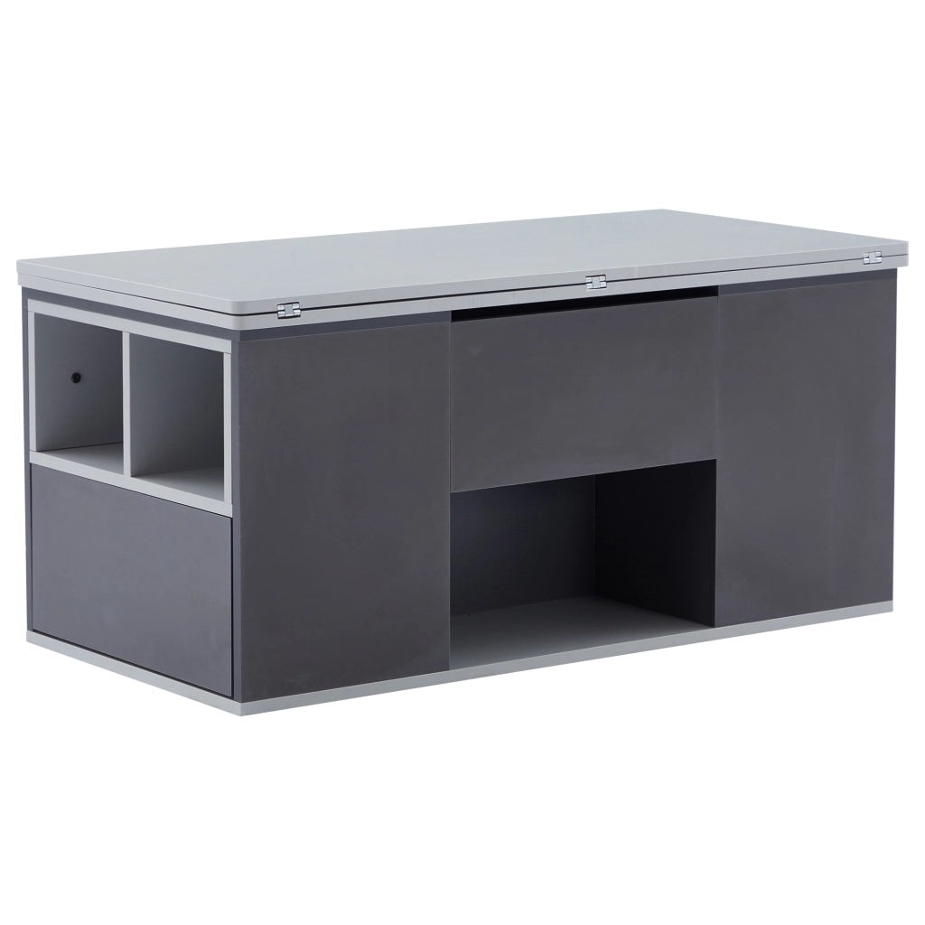 Tavolino da caffè con piano alzabile; 2 cassetti e vani aperti - per soggiorno - 100x51x47 cm - grigio