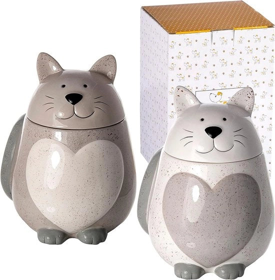 Set di contenitori in ceramica da 2 pezzi - Pannelli di conservazione per cucina con coperchi - Accessori per cucina divertenti - Regali per amanti dei gatti - Grigio e Bianco - 500ml