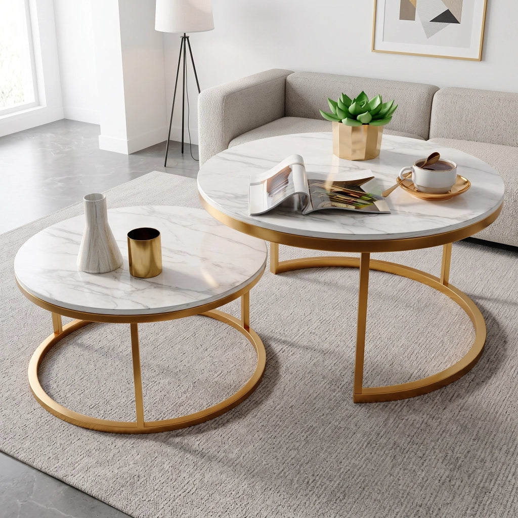 Tavolino salotto rotondo 80x80x45 cm set 2 pezzi tavolino da divano moderno effetto marmo bianco struttura in metallo - oro