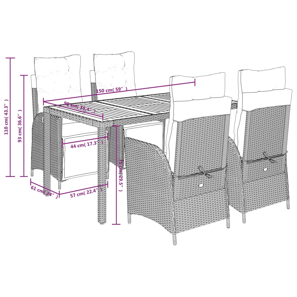 Set da Pranzo da Giardino 5 pz Nero con Cuscini in Polyrattan 3213097