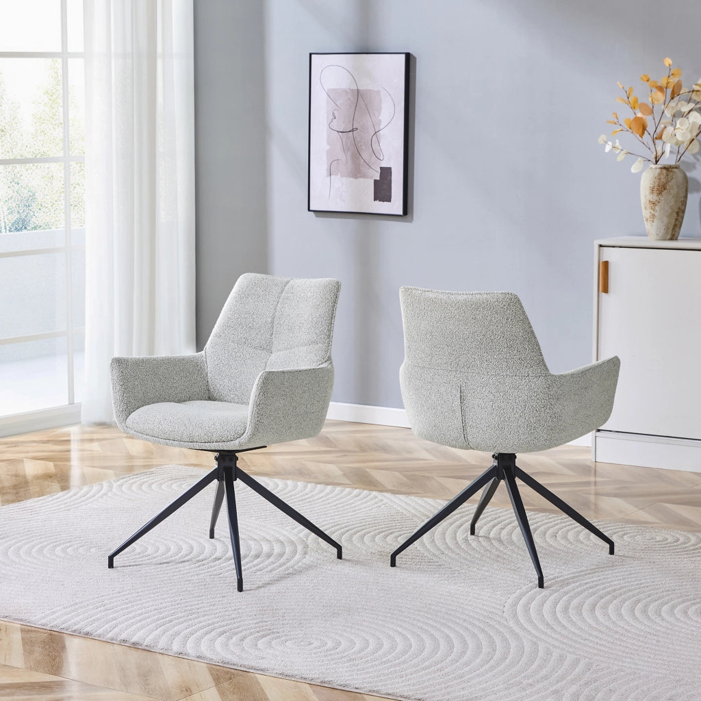 Chaise da pranzo girevole a 360° con braccioli e imbottitura in schiuma, in tessuto grigio chiaro e metallo nero