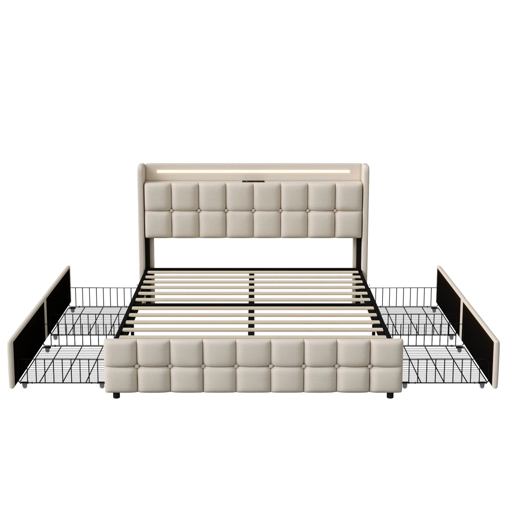 Letto matrimoniale 180x200 cm tessuto lino beige, testiera imbottita con luci RGB‑LED, porte USB, controllo app e telecomando, 4 cassetti contenitori su ruote, doghe in legno