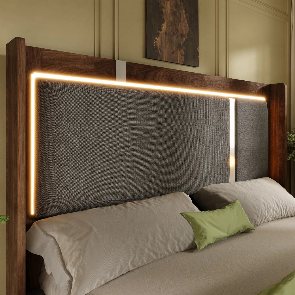 Letto Matrimoniale 180x200 cm Contenitore; LED; in Lino e Legno - Grigio e Noce