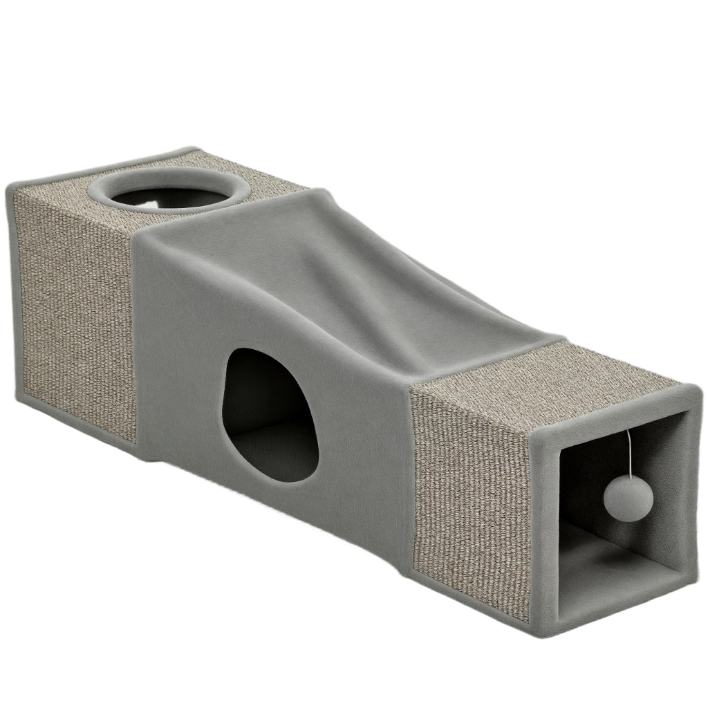 Tunnel Gioco per Gatti - Xylo - con Palla Sospesa e Sisal 98x30x30cm Grigio