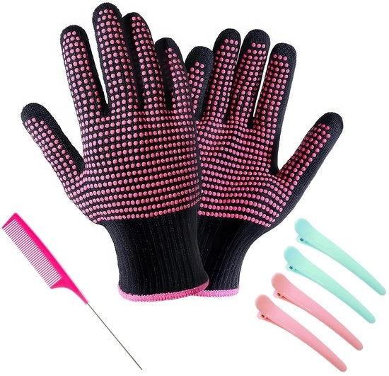 Manicure a caldo resistente - mani a caldo per piastra - mani a caldo con punti antiscivolo in silicio - morbide e respiranti - inclusa la confezione con 4 clip e 1 paio di pinze - guanti per capelli.