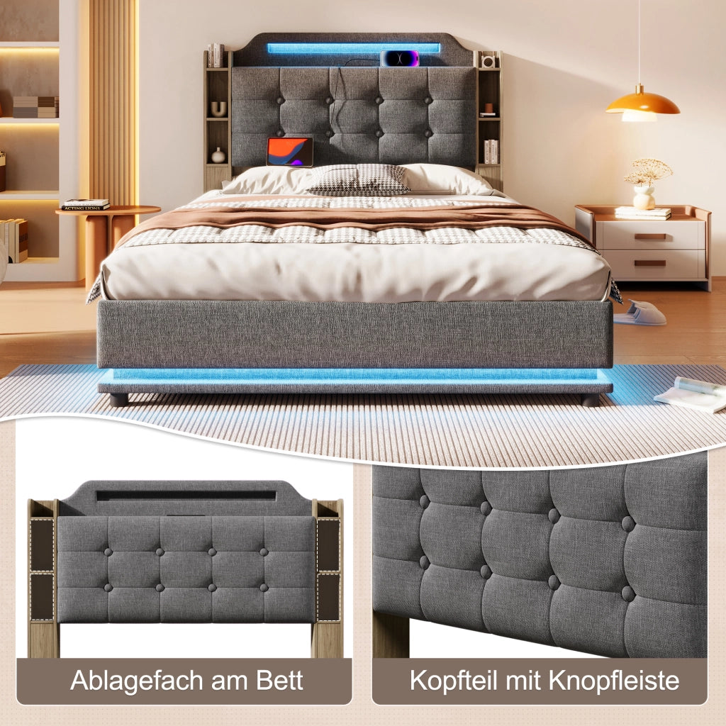 LETTO Imbottito 140x200 cm Grigio in Lino con LED e USB