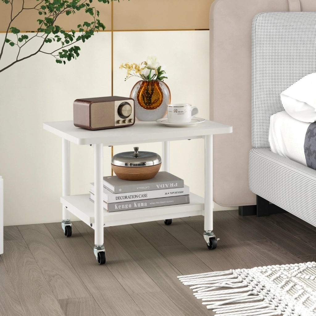 Tavolino in legno multifunzione con ruote girevoli, Mobiletto carrello con 2 ripiani 49x40x37cm Bianco