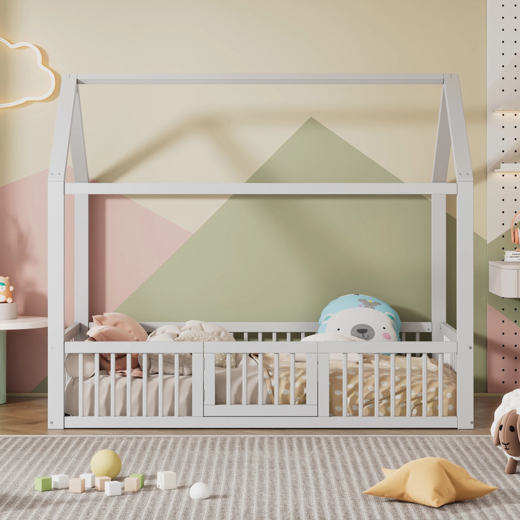 OKWISH Letto a casetta 90×200 cm, Letto Singolo con Spondine di Sicurezza, Porticina e Doghe, senza Materasso, in Pino e MDF, Bianco