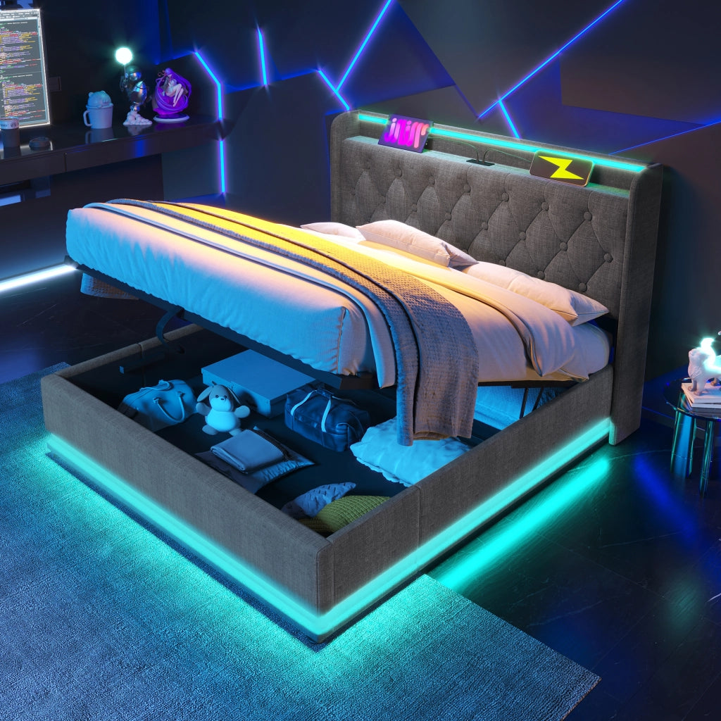 Letto matrimoniale 140×200 cm con contenitore; LED; USB e Type-C; testiera imbottita; materasso incluso; grigio