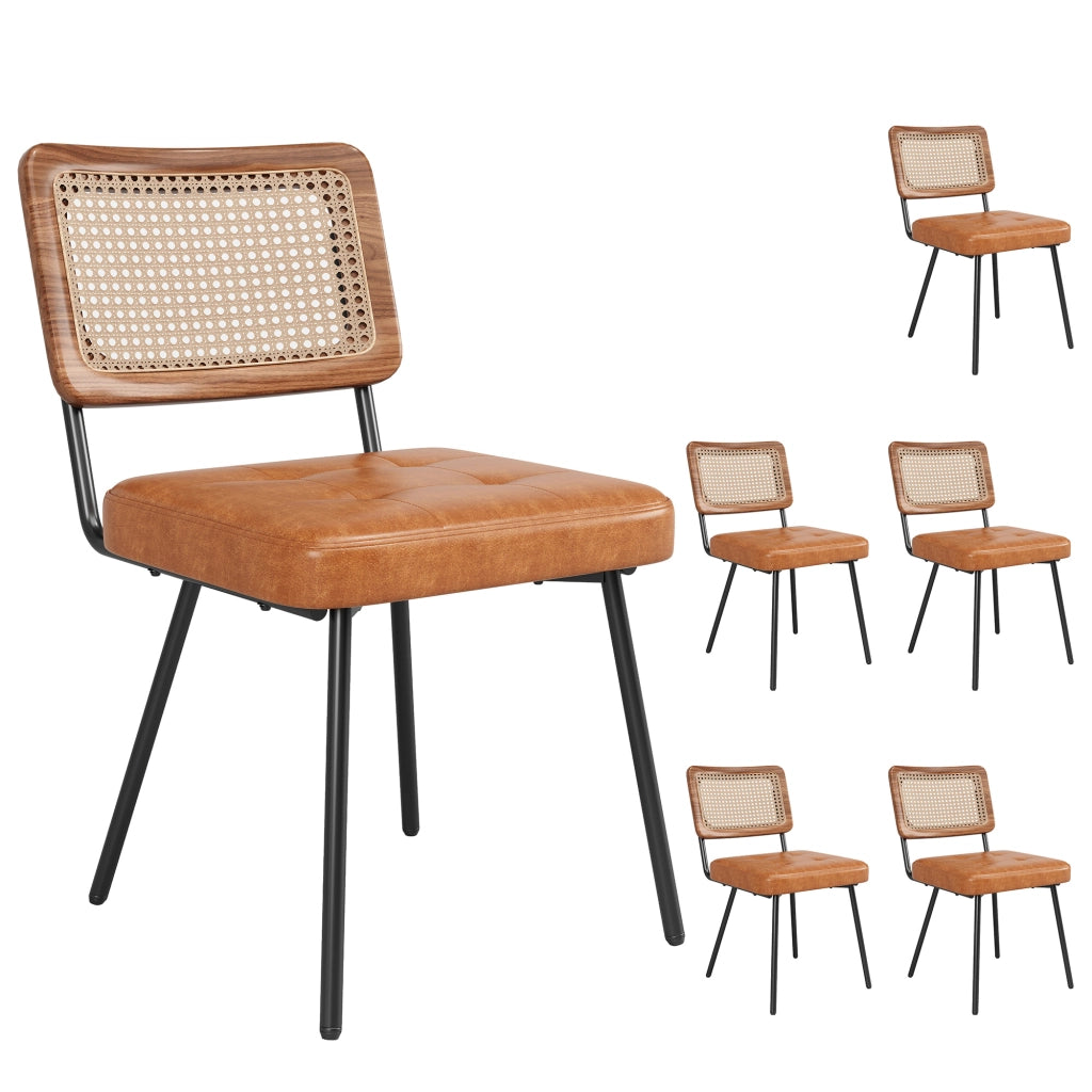 Sedia da pranzo ergonomica in PU e rattan con gambe in metallo, marrone