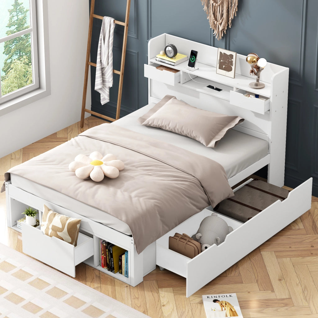 Letto singolo 90x190 cm per bambini e ragazzi con porta USB; cassetto e ampio vano portaoggetti; bianco