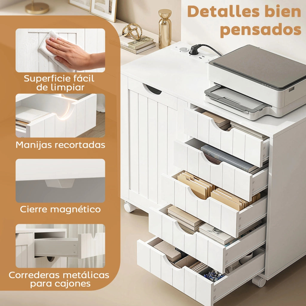 Scrivania con cassetti e ruote ¨C zephmum ¨C 5 cassetti, USB, bianco
