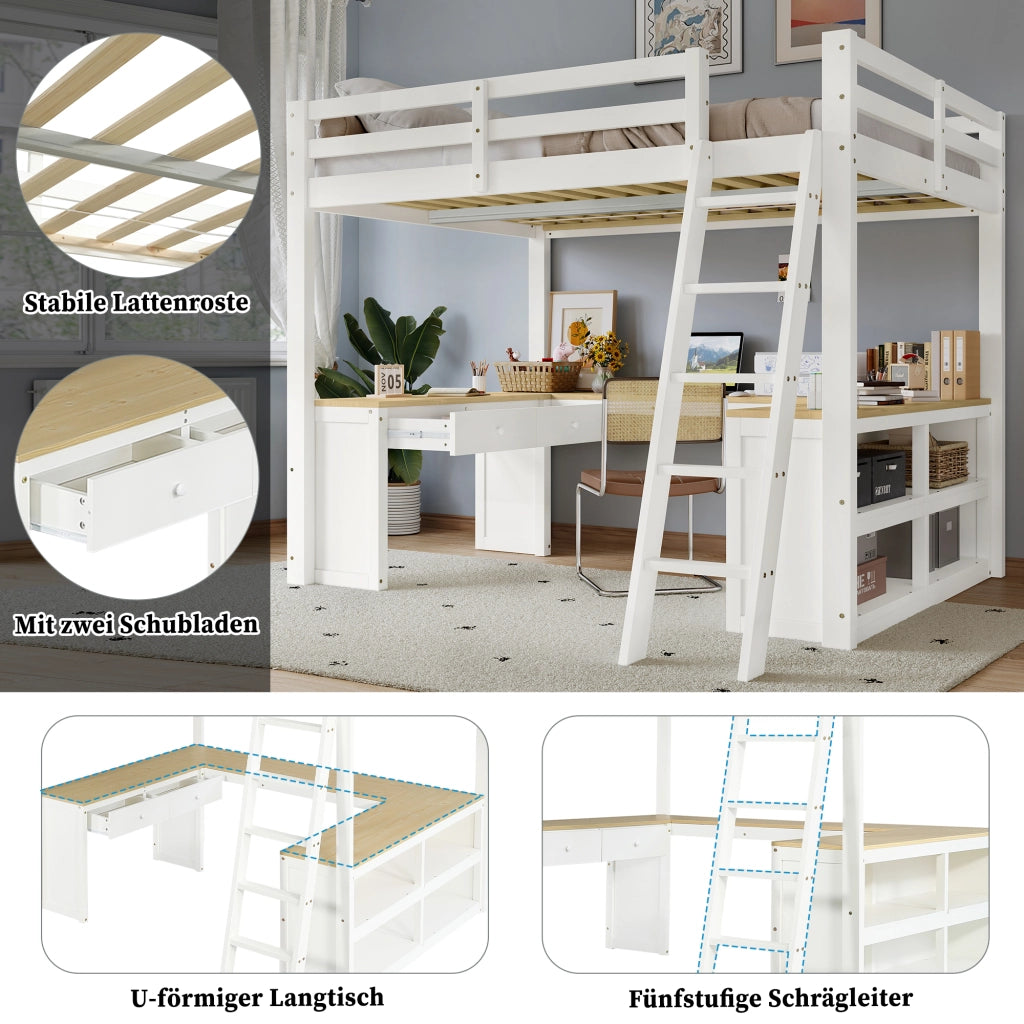 DESMIU Letto a soppalco per bambini 140 × 200 cm 1 posto con scrivania a U, 2 cassetti, ripiano, senza materasso, bianco e naturale