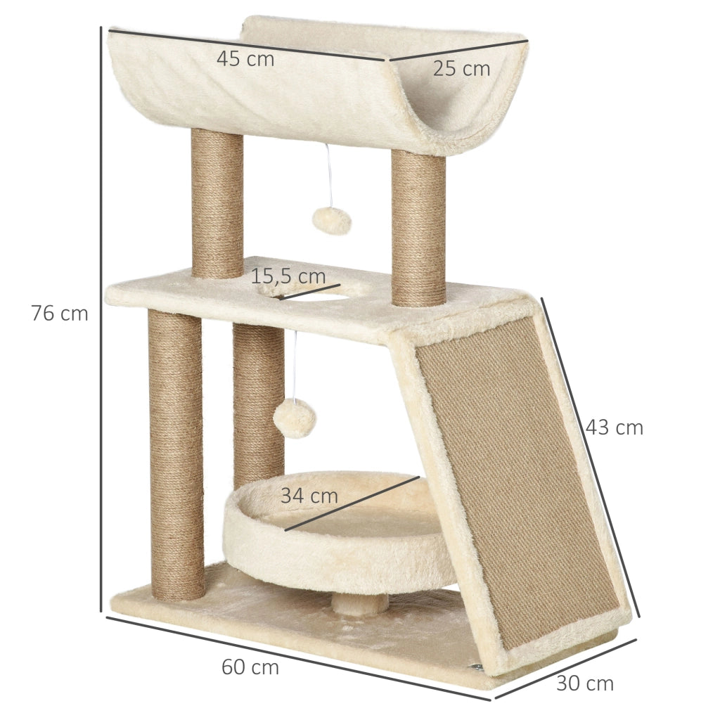 Albero tiragraffi per gatti con giocattoli e cuccia ¨C Zephmum ¨C 60x30x76 cm crema e naturale