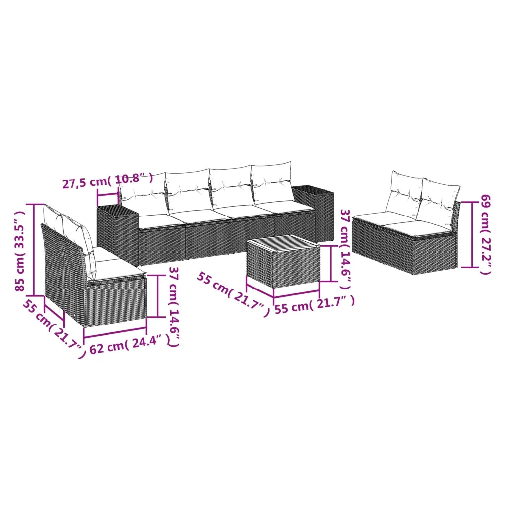 Set Divani da Giardino 9 pz con Cuscini Nero in Polyrattan