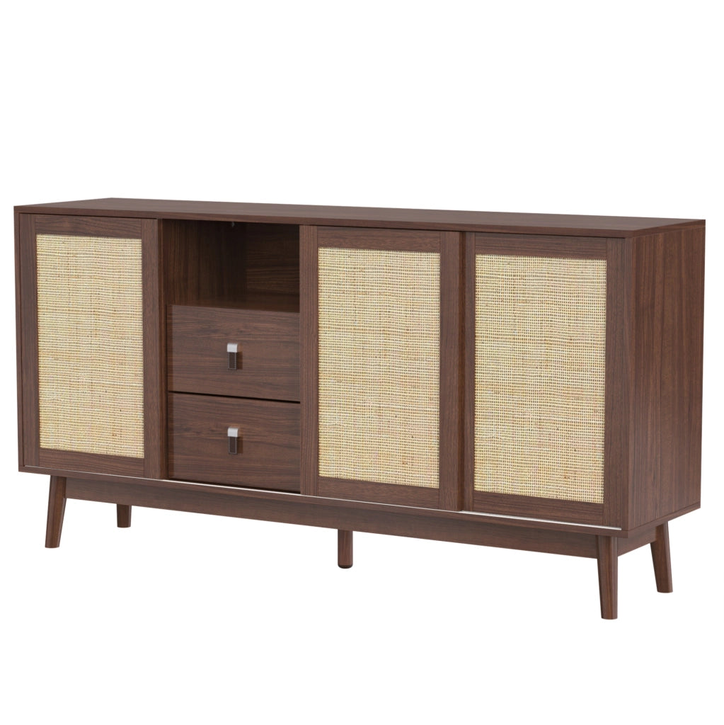 Sideboard con 3 ante scorrevoli in rattan e 2 cassetti; 155x38x80 cm; effetto legno