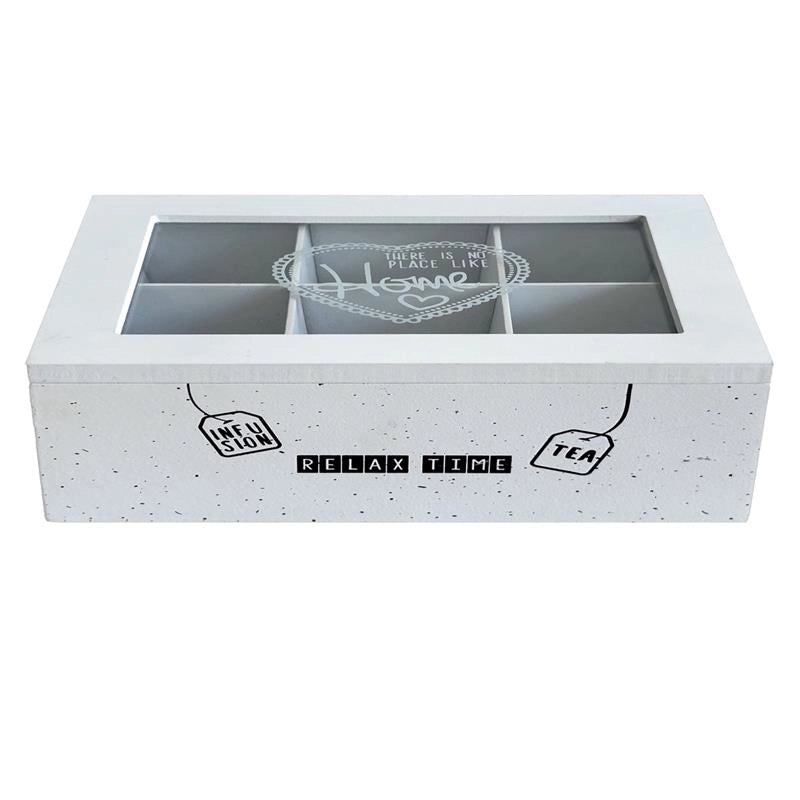 MA MAISON SCATOLA PORTA TÈ IN LEGNO  CON VETRO 6 SCOMPARTI COLORE BIANCO CON DECORI 23X17 CM