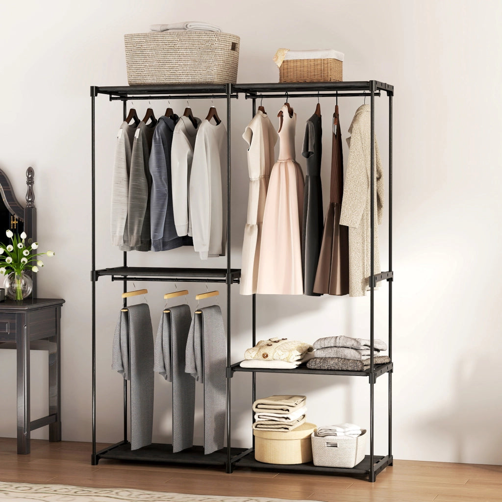 Armadio Guardaroba ¨C Xylo ¨C 2 Aste Appendiabiti 4 Ripiani Tessuto Acciaio 142x43x185 cm Nero