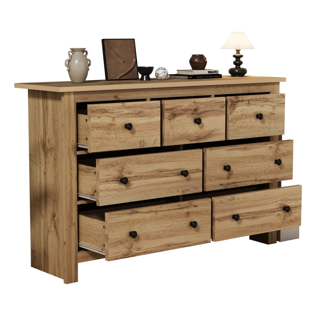 Credenza con 7 cassetti e piedino centrale regolabile - per cucina e soggiorno - 152x40x89 cm - color legno