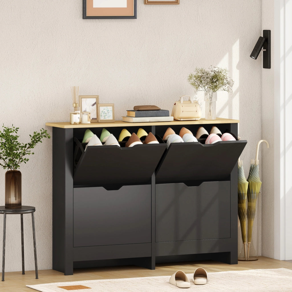 Scarpiera 16 paia con 4 cassetti e ripiani regolabili ¨C Minimal ¨C Nero e legno naturale