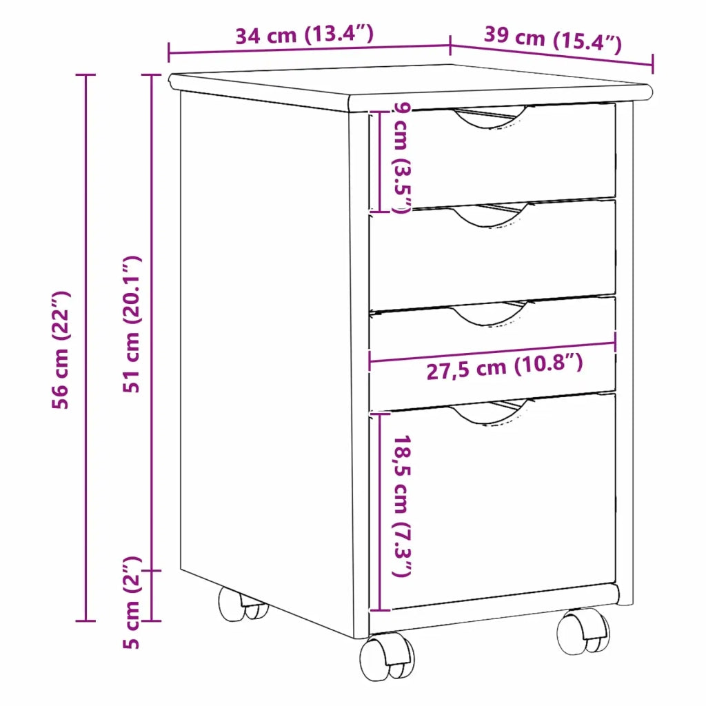 Mobile con Ruote Bianco 34 x 39 x 56 cm Legno di pino massiccio 42028341