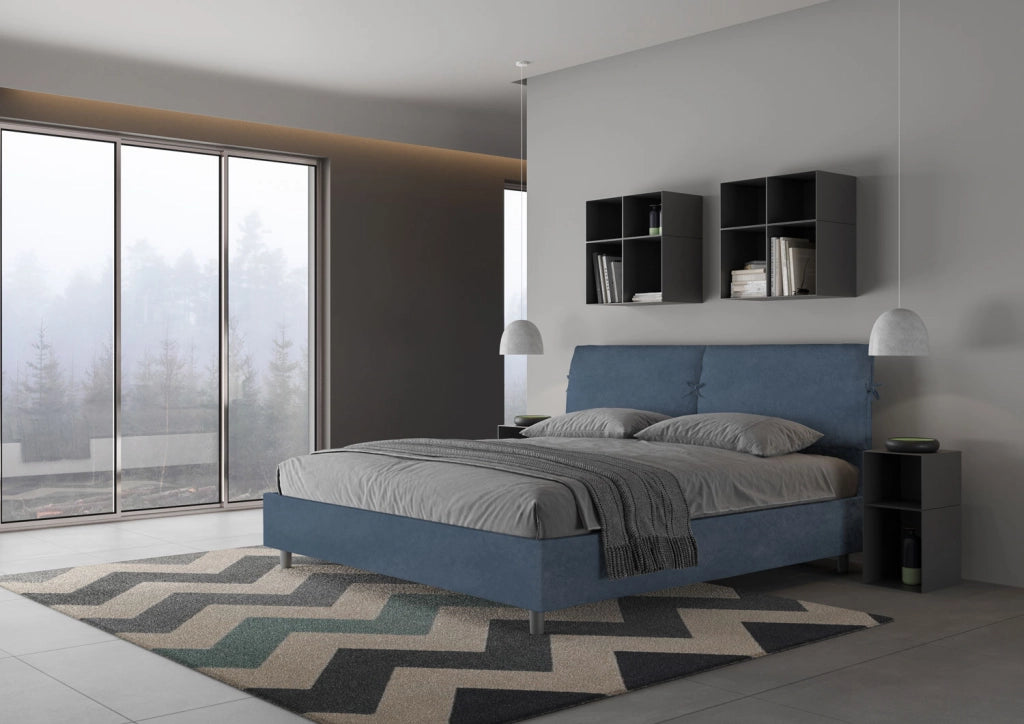 Letto Matrimoniale King Size 180x190 cm con Rete Testata con Cuscini Imbottito in Microfibra Mados Blu