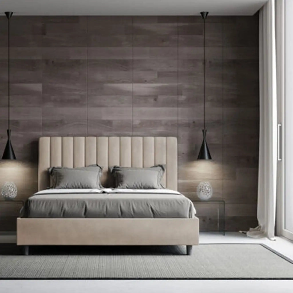 Letto matrimoniale contenitore imbottito 160x210 microfibra sabbia Agueda