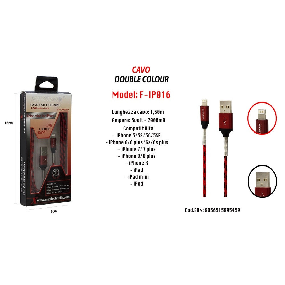 Trade Shop - Cavo Usb Double Colour Iphone Ipad Ipod 5volt - 2000ma 1,50 Mt Maxtech F-ip016 -