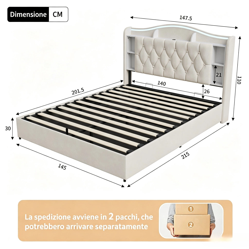 Letto una piazza e mezza 140x200 cm con contenitore LED RGB USB testiera rete a doghe velluto metallo legno - beige
