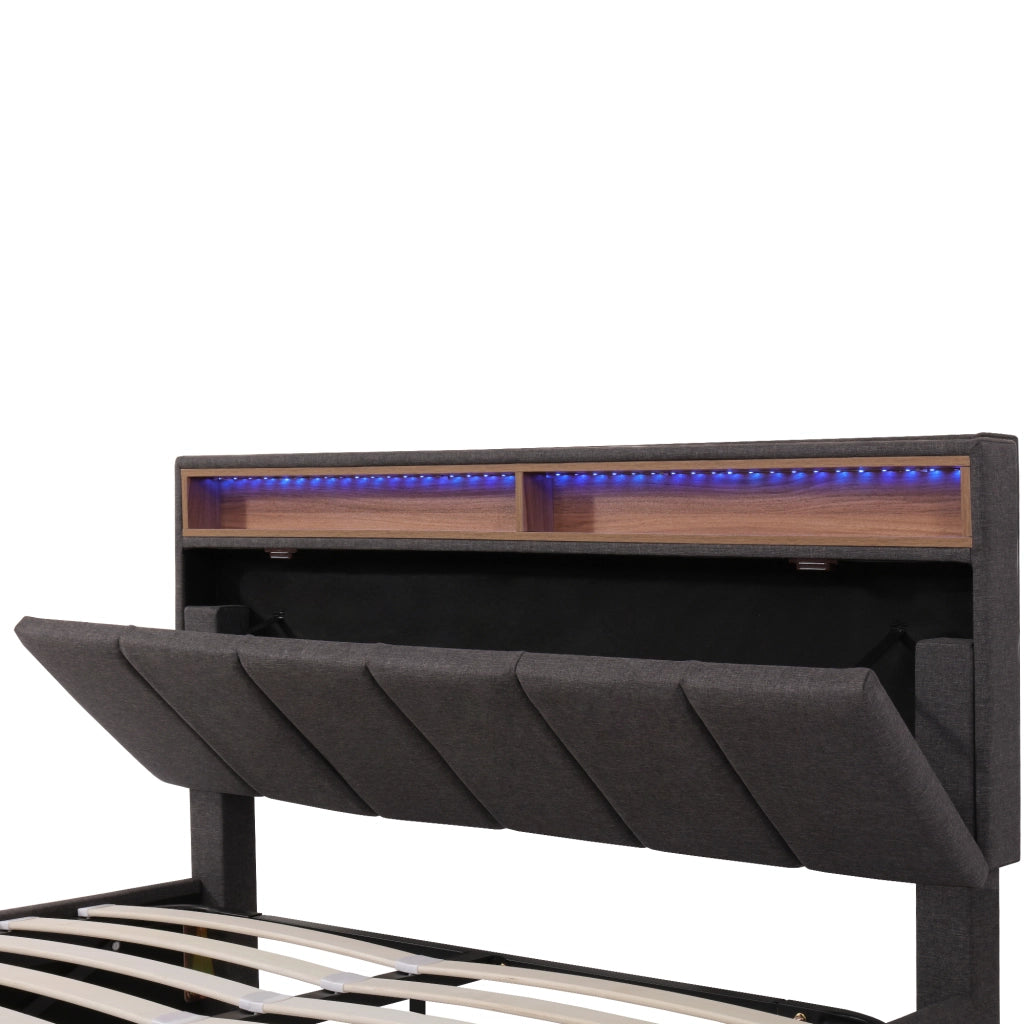 Letto adulto 140×200 cm con contenitore; LED; letto matrimoniale; senza materasso; in lino grigio