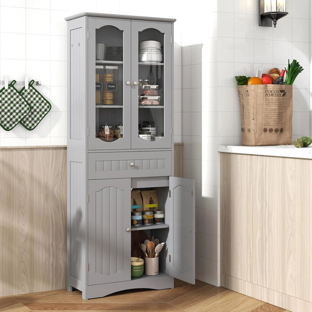 Armadietto Salvaspazio 60 x 30 x 160cm, Mobile Bagno con 2 Ripiani Regolabili, Cassetto e 2 Porte in Vetro Temprato, Armadio da Bagno per Ufficio, Soggiorno e Camera da Letto, Bianco (Grigio)