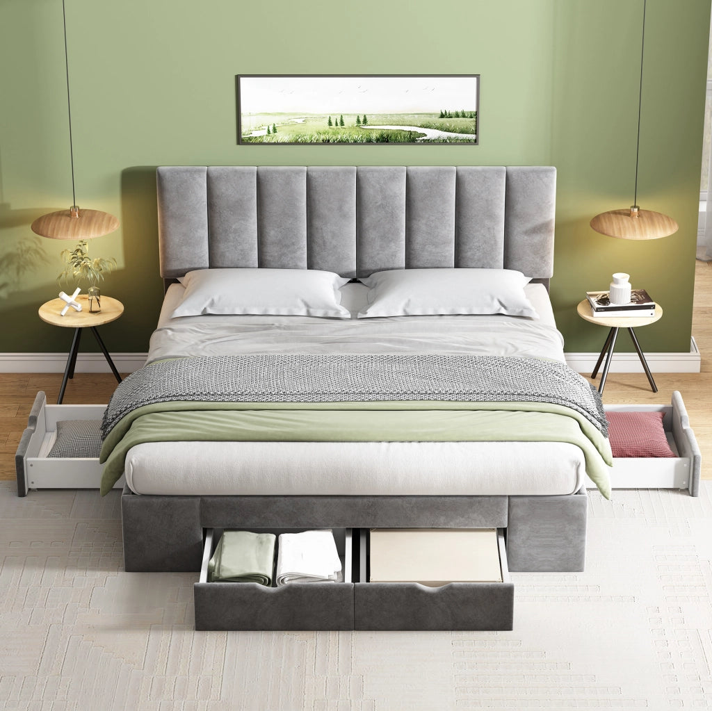 DESMIU Letto imbottito 160 × 200 cm 2 posti con 4 cassetti, testiera regolabile, senza materasso, in velluto grigio