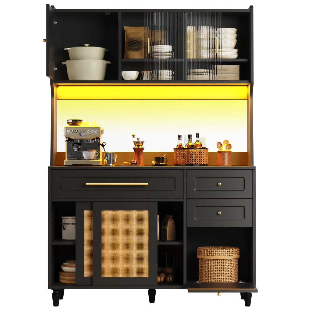 Credenza alta con LED, 3 cassetti e ripiani regolabili 120x45x195,5 cm nera