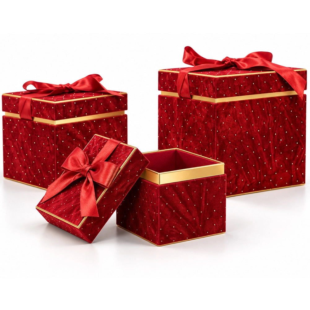 Set 3 Scatole Quadrate Decorazione Natalizia Bordeaux 16/20/25cm Scatola Fiocco