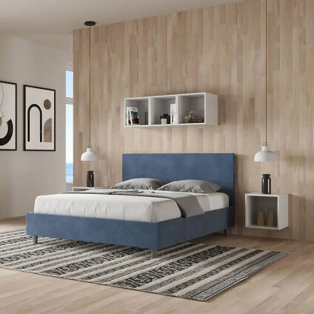Letto matrimoniale senza rete imbottito 160x210 microfibra blu Adele