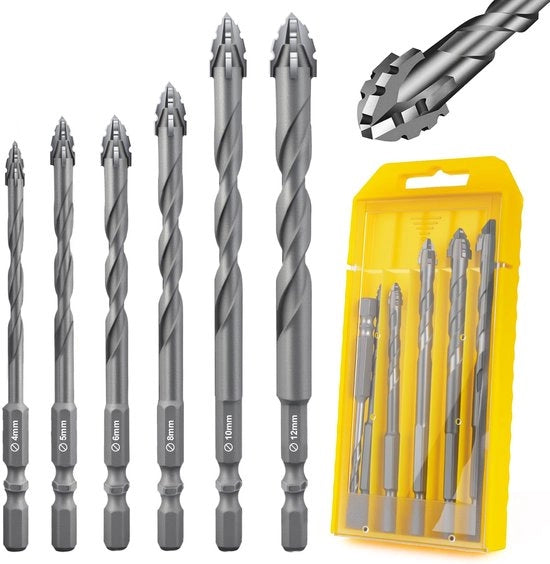 Set di Trapani Eccentrici a 4 Denti - 6 pezzi - per Marmo e Cemento - Precisi - Duraturi - per Lavori di Bricolage