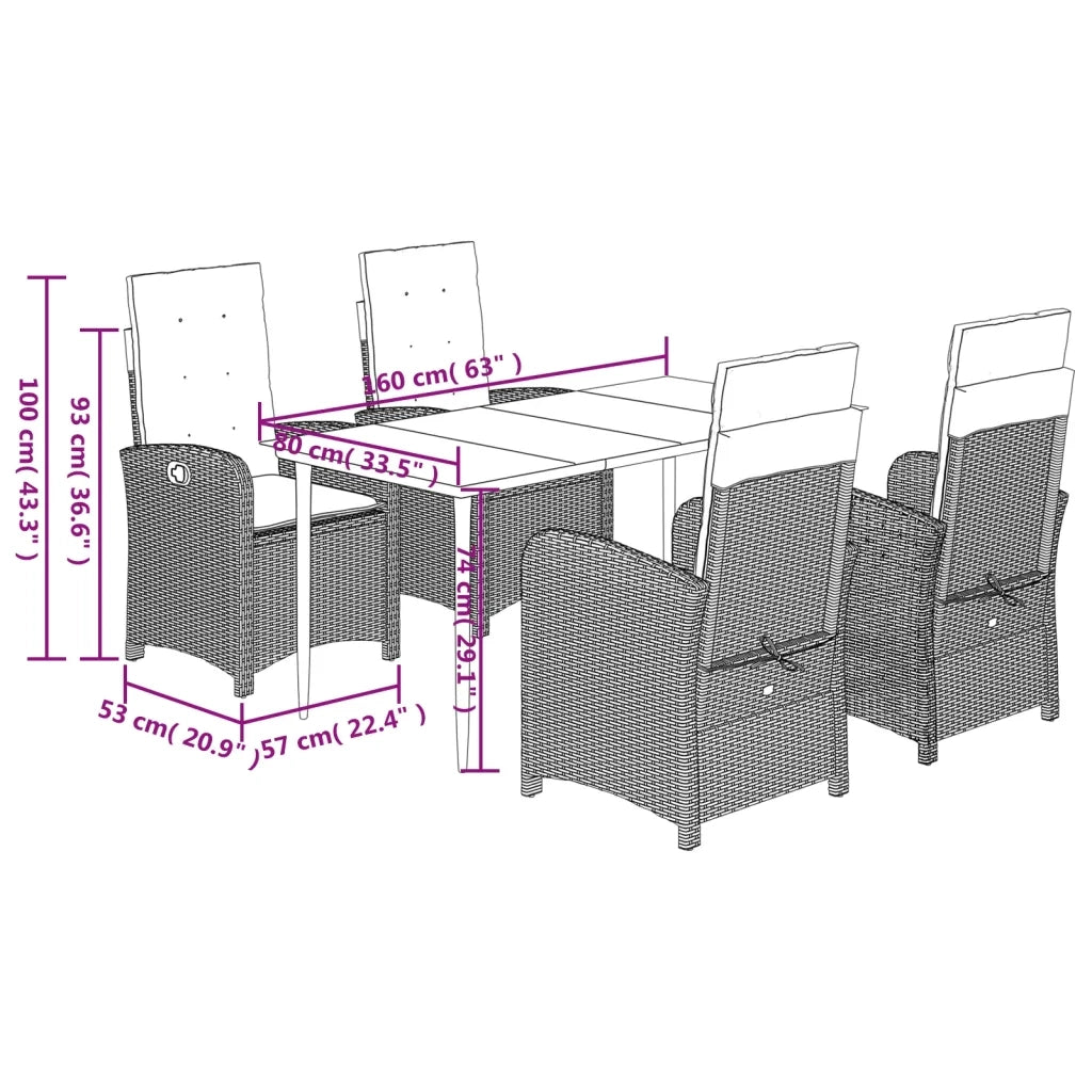 Set da Pranzo da Giardino 5 pz Nero con Cuscini in Polyrattan 3212314
