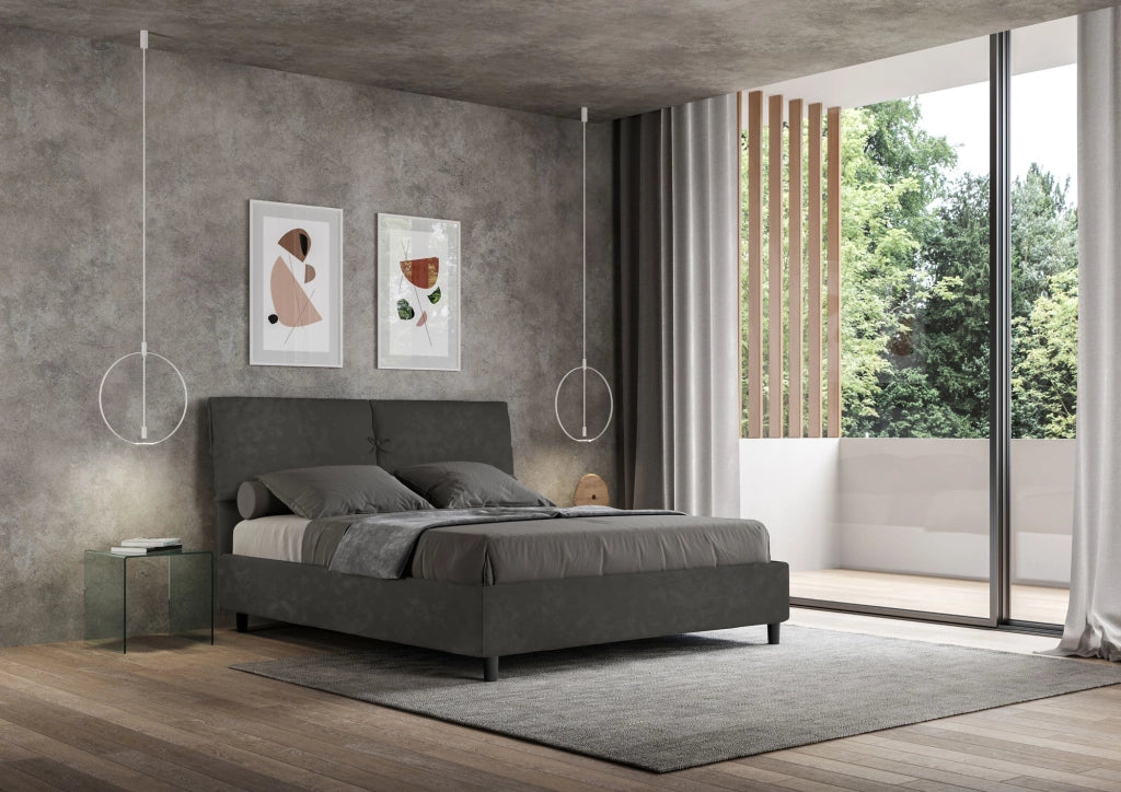 BS COM Letto matrimoniale con rete imbottito 160x210 microfibra grigio