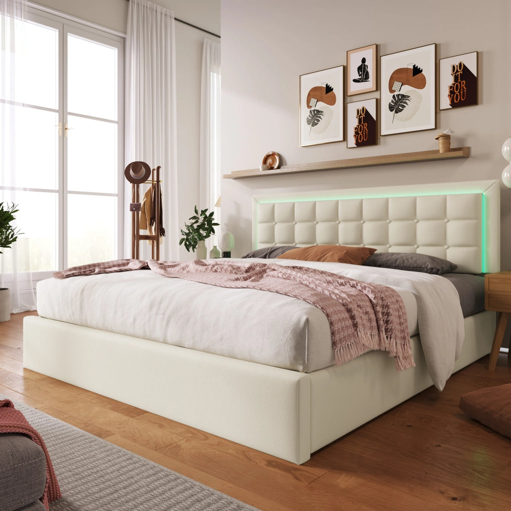 LETTO Contenitore 140x200 cm con LED, PU Bianco