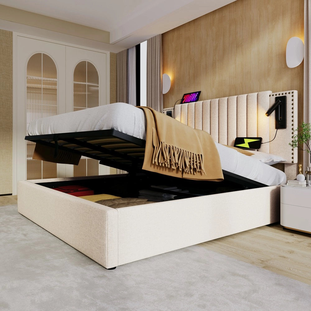 Letto Imbottito Contenitore 160x200 con Materasso ¨C Xylo ¨C Beige, Testiera LED USB, Similpelle