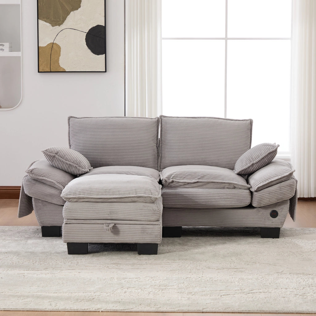 Divano 2 posti in corduroy con pouf, USB-C, tasche laterali, grigio chiaro