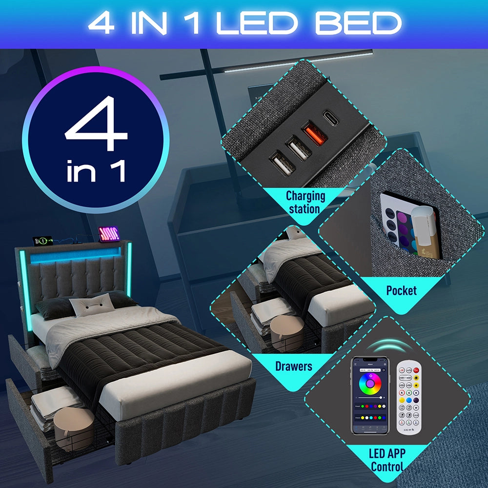Letto singolo con tiroir e LED - Xylo - 90x200 cm - Grigio