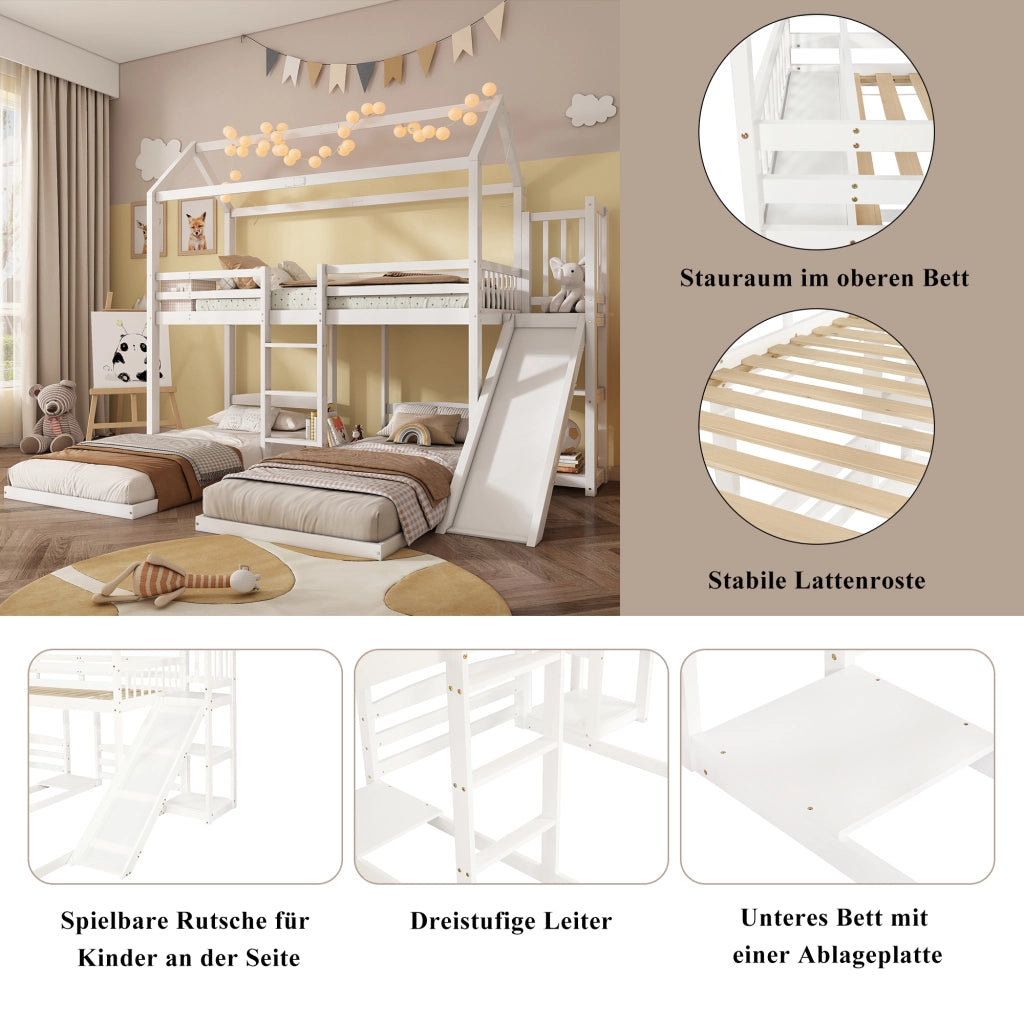 LETTO A CASTELLO CON SCIVOLO E SCALA 90x200 cm BIANCO 3 POSTI
